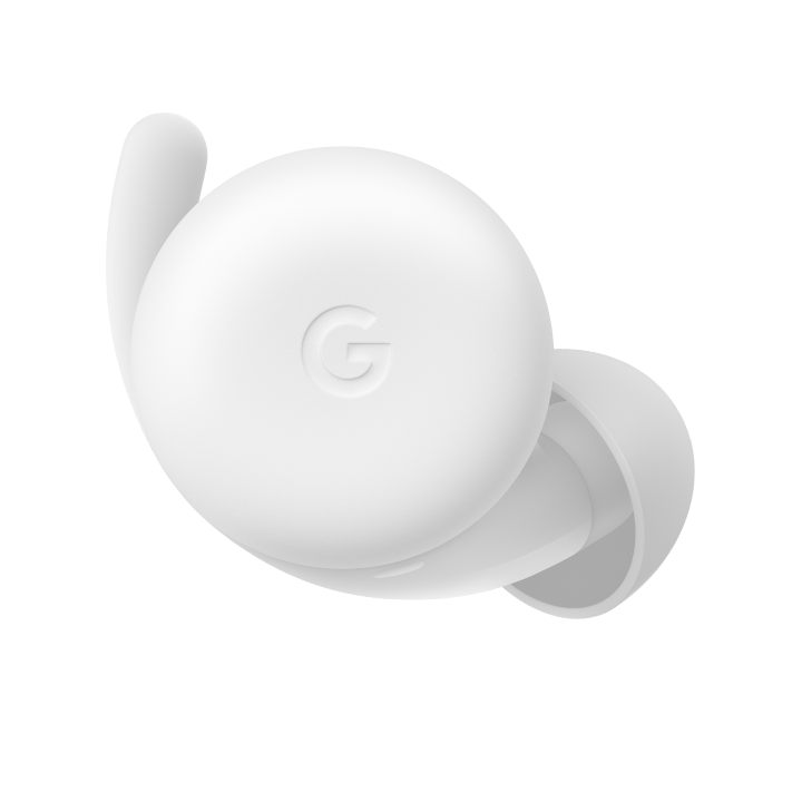 Front-view of a Pixel Buds a series earbud in clearly white