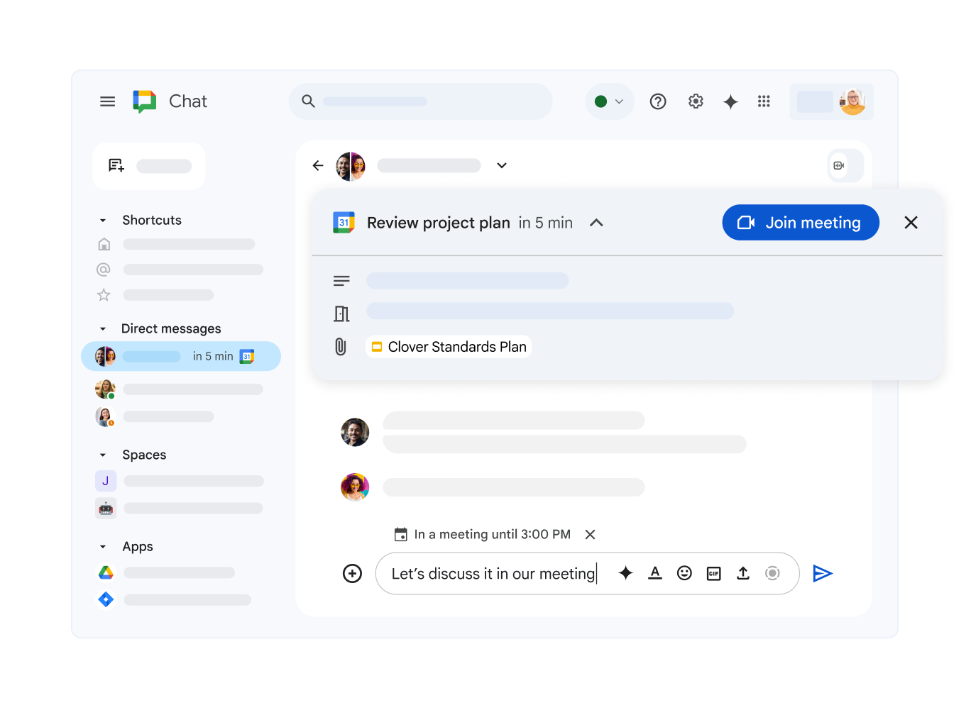 Google Chat montrant une réunion à venir dans Google Agenda ainsi qu'un lien pour y participer