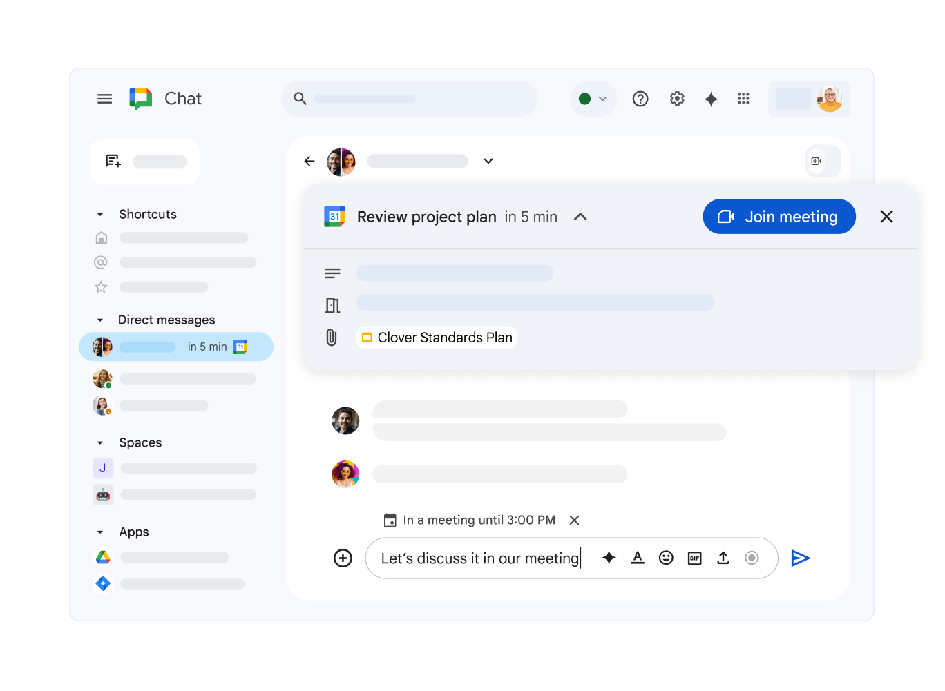 Chat di Google Chat che mostra una riunione imminente di Google Calendar con un link per partecipare.