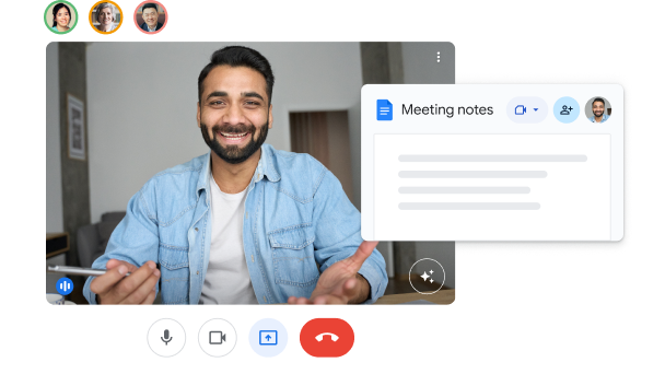 Interfaz de Google Meet con varias personas que trabajan en un documento de Google titulado "Meeting notes" (notas de la reunión). 