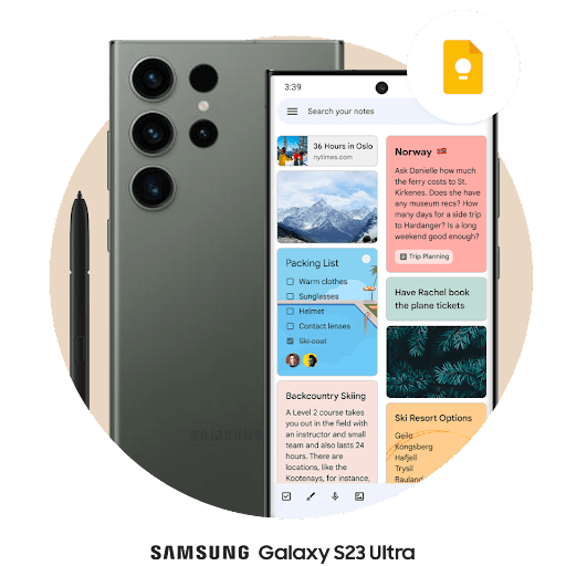 Android スマートフォンの画面で、Google Keep のリマインダー、ToDo リストなどが開いており、その隣には、Google Pixel 7 Pro の背面が写っている。右上には、Google Keep のロゴが浮かんでいる。