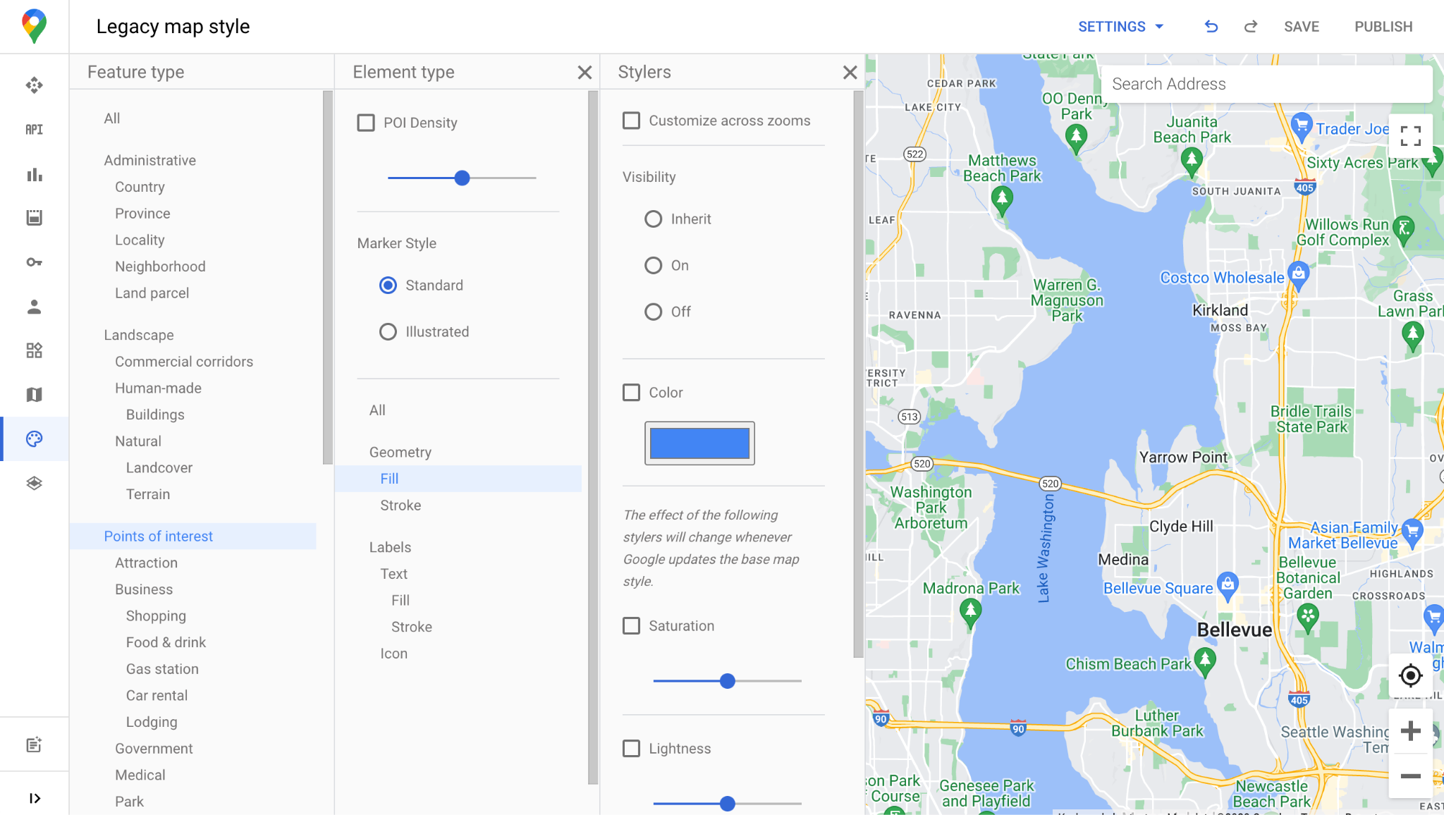 Simplified styling panels increase screen real-estate for maps customizations