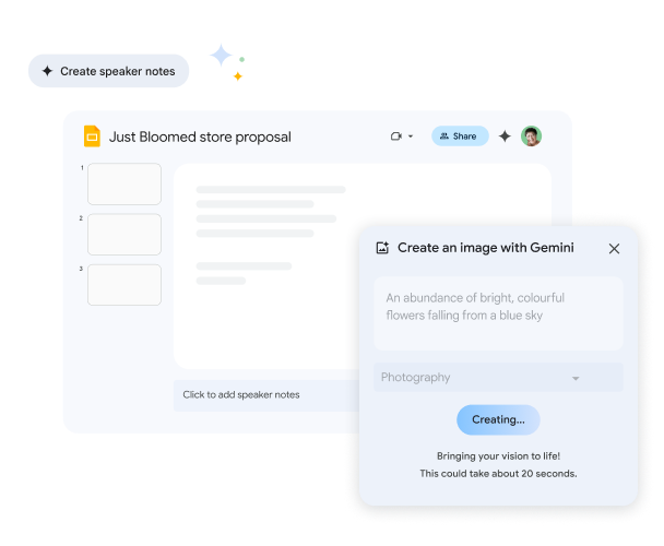 بإمكان Gemini إنشاء صورة بناءً على عرض تقديمي ضمن "العروض التقديمية من Google". يستغرق ذلك 20 ثانية تقريبًا.