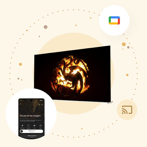 ハウス オブ ザ ドラゴンのロゴが大型の Android TV 画面に表示されている。その画面を取り囲む泡に Android スマートフォンが描かれている。スマートフォンには Android TV の操作に関する情報が表示され、[テレビで見る] ボタンがハイライト表示されている。