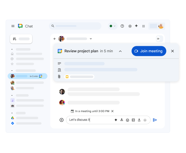 Google Chat muestra una reunión próxima de Google Calendar y un enlace para unirse.