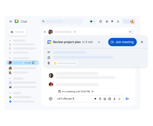 Google Chat toont een Google Agenda-vergadering die bijna begint en een link om deel te nemen.