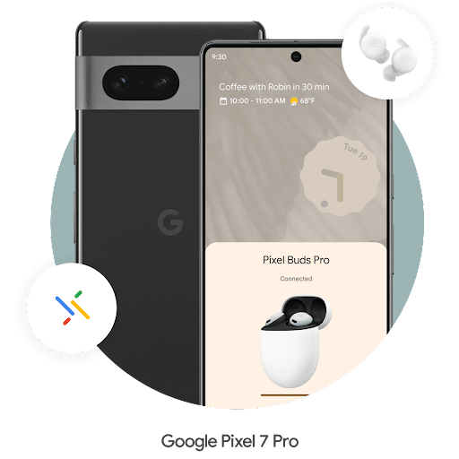 Google Pixel 7 Pro の右上に、イヤホンを表示した円が浮いている。Android ファスト ペアリングのロゴが左下に浮かんでいる。Google Pixel 7 Pro が Android のイヤホンとペアリングしている。​​