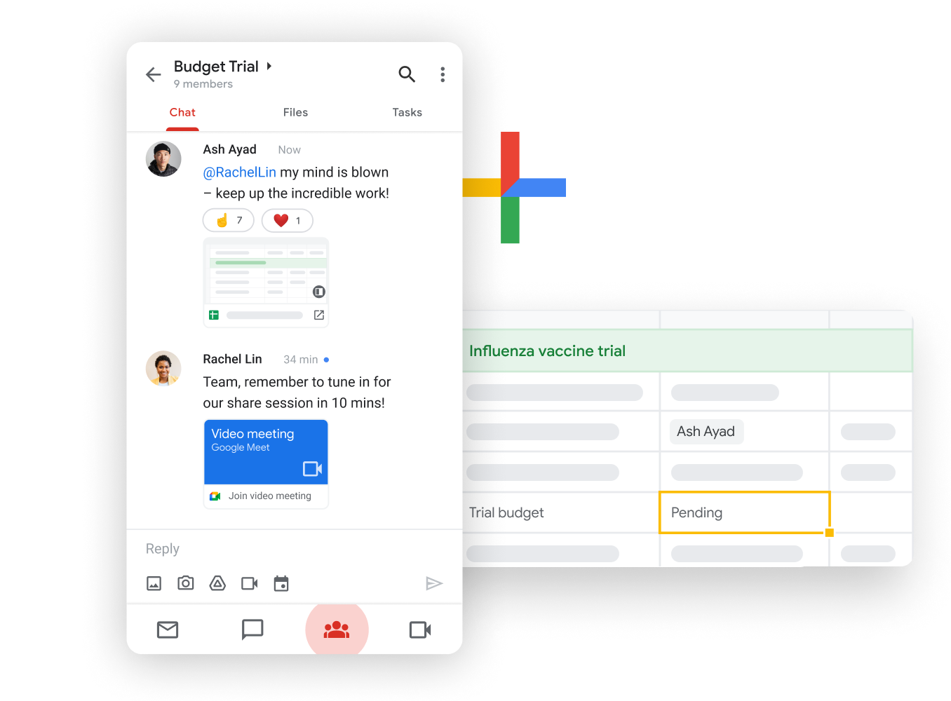 Workspace のイメージ図 - チームが Google Chat でシームレスに Google スプレッドシートを共有、編集