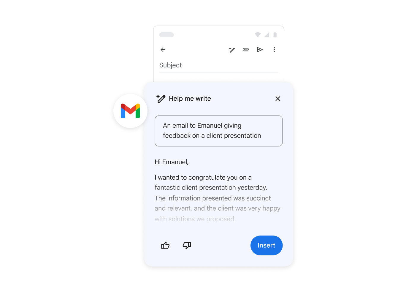 Gemini pomaga napisać e-maila z opinią o prezentacji dla klienta.