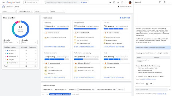 顯示數字和圖表的 Database Center 資訊主頁