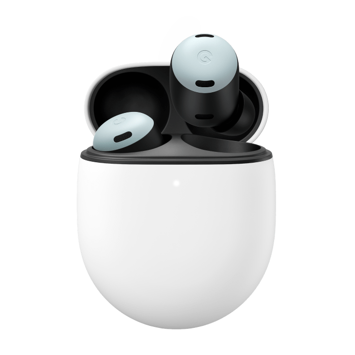 A pair of Pixel Buds Pro in Fog, with one earbud tucked in the case and one floating above it