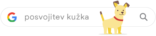 Iskalna vrstica s poizvedbo »posvojitev kužka« z mladičkom, ki jo preskakuje