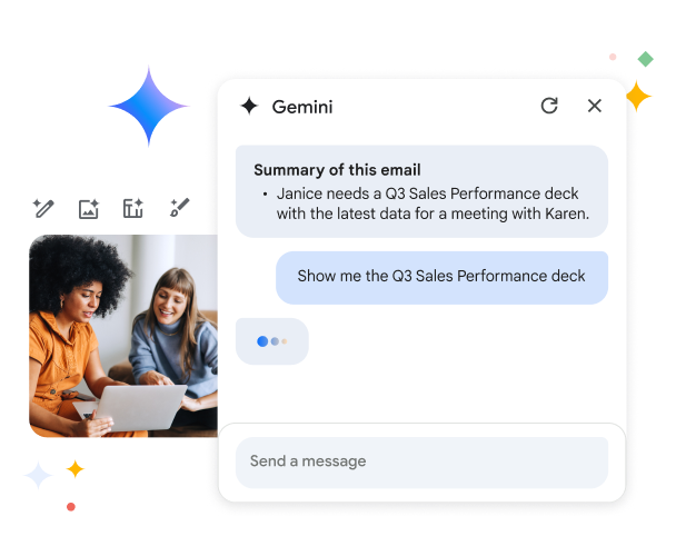 Rekan kerja menggunakan Gemini untuk berkolaborasi dalam promosi penjualan