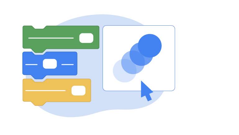 On the left side, we see three rectangles on top of each other: green, blue, and yellow, at the bottom. On the right side, we see a square with rounded corners and a circle in motion. A cursor is hovered over the square.