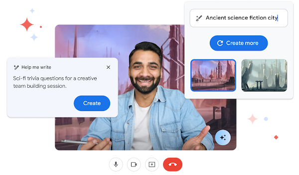 شخص في مكالمة Meet ينشئ خلفية باستخدام الذكاء الاصطناعي (AI). 