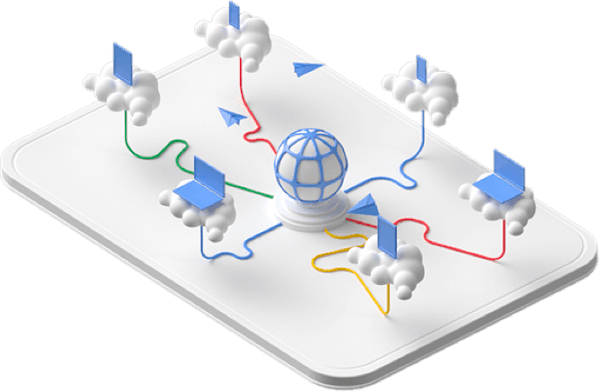 Bola pusat yang terhubung ke enam perangkat di berbagai awan/cloud terpisah.