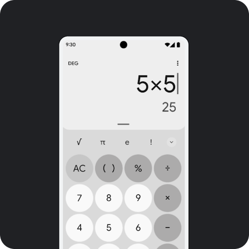 Schermo Android monocromatico che visualizza l'app Calcolatrice.