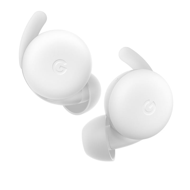 A pair of Pixel Buds Pro in clearly white