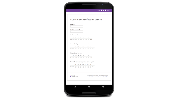 Interface dos Formulários Google em um dispositivo móvel com um arquivo chamado "Pesquisa de satisfação do cliente". 
