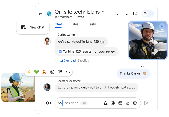 Un montaje de una ventana de Google Chat con una conversación entre técnicos in situ que están instalando turbinas eólicas. Se muestran varios elementos de la IU.