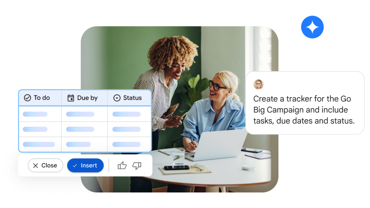 Gemini in Google スプレッドシートを使って、キャンペーン用のトラッカーを作成している 2 人の人物。