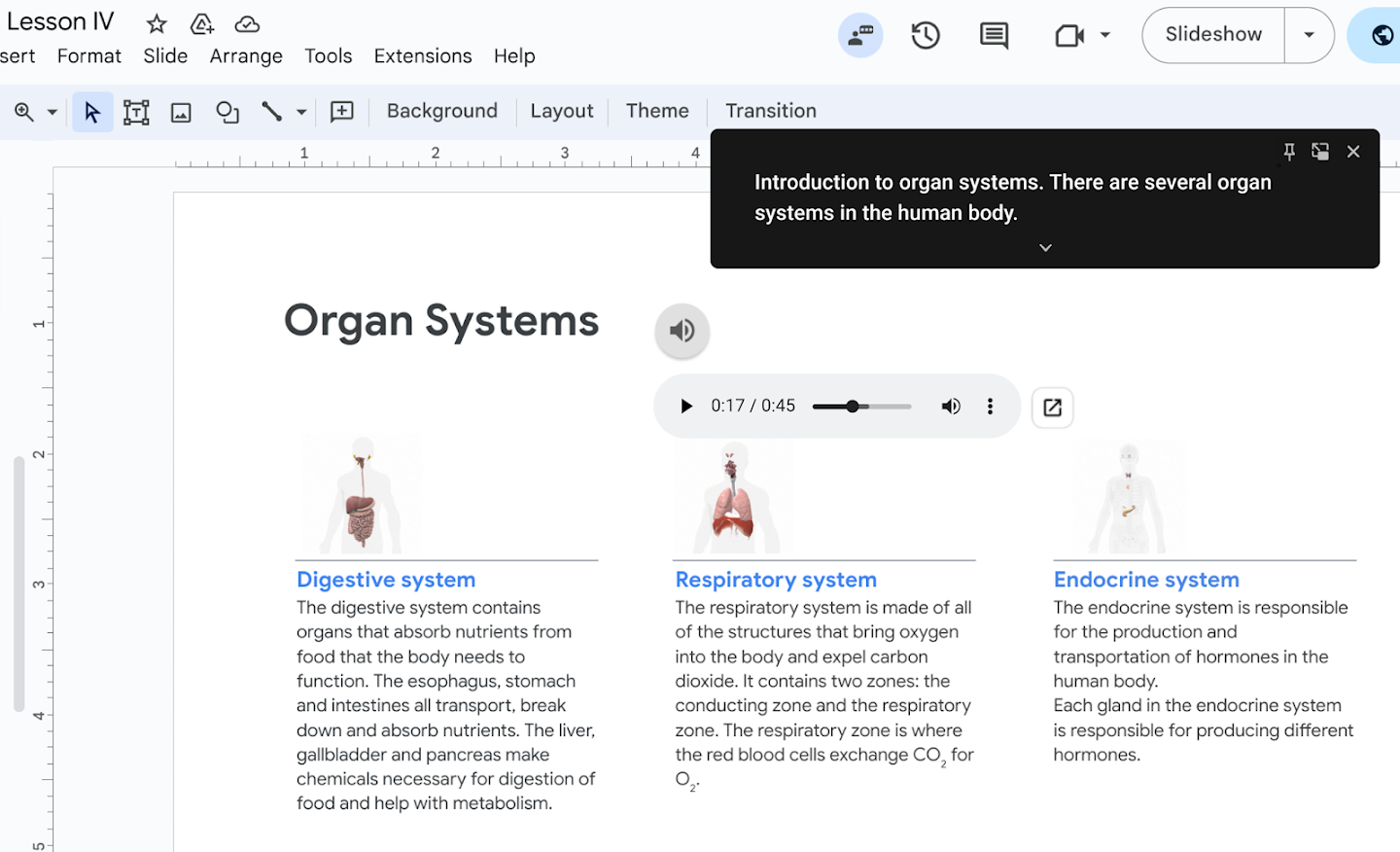 Sari kata langsung dipaparkan pada bahagian atas sebelah kanan skrin semasa pembentangan Google Slides.