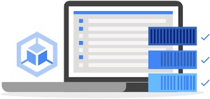 Stylized image of computer monitor displaying bullet points, stack of VMs, and Google Kubernetes Engine icon