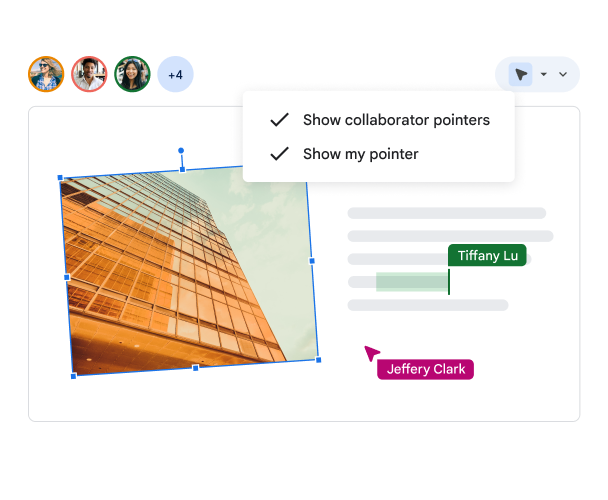 Los usuarios pueden elegir mostrar su puntero y el de los colaboradores en una diapositiva para que todo el mundo sepa qué está haciendo cada uno.