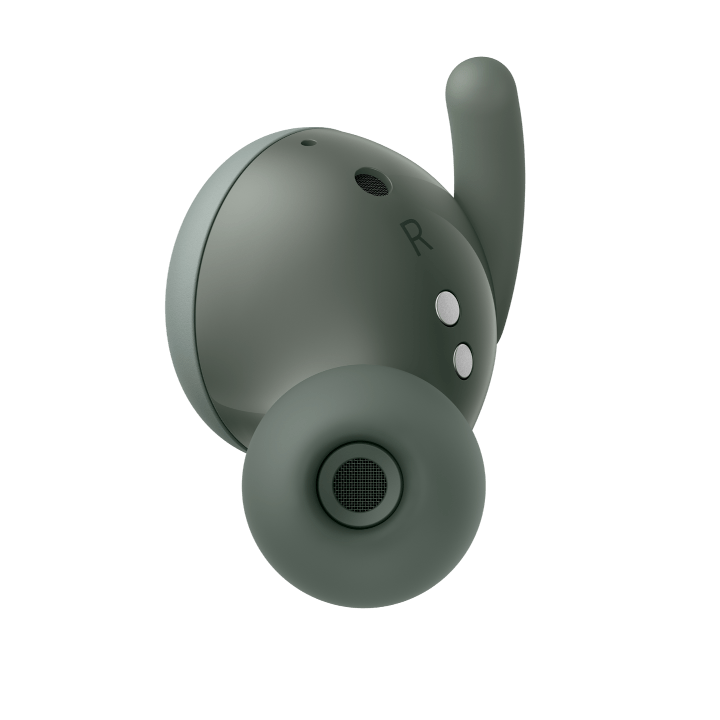 Side view of a Pixel Buds a series earbud in dark olive