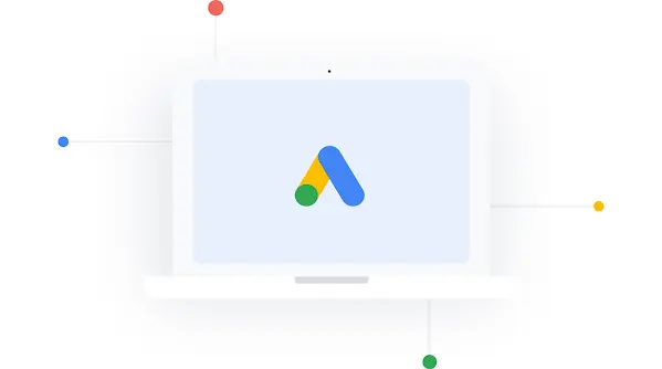 Илюстрация на лаптоп с логото на Google Ads на екрана