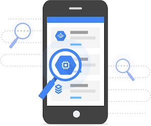 Teléfono celular con líneas de texto y una lupa sobre la pantalla, enfocada en el ícono de producto de Compute Engine