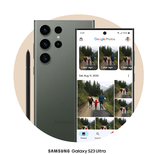 An Android phone screen with Google Photos open shows a grid of photos recently transferred.