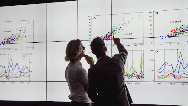 Due persone che osservano schermi con proiezioni di dati