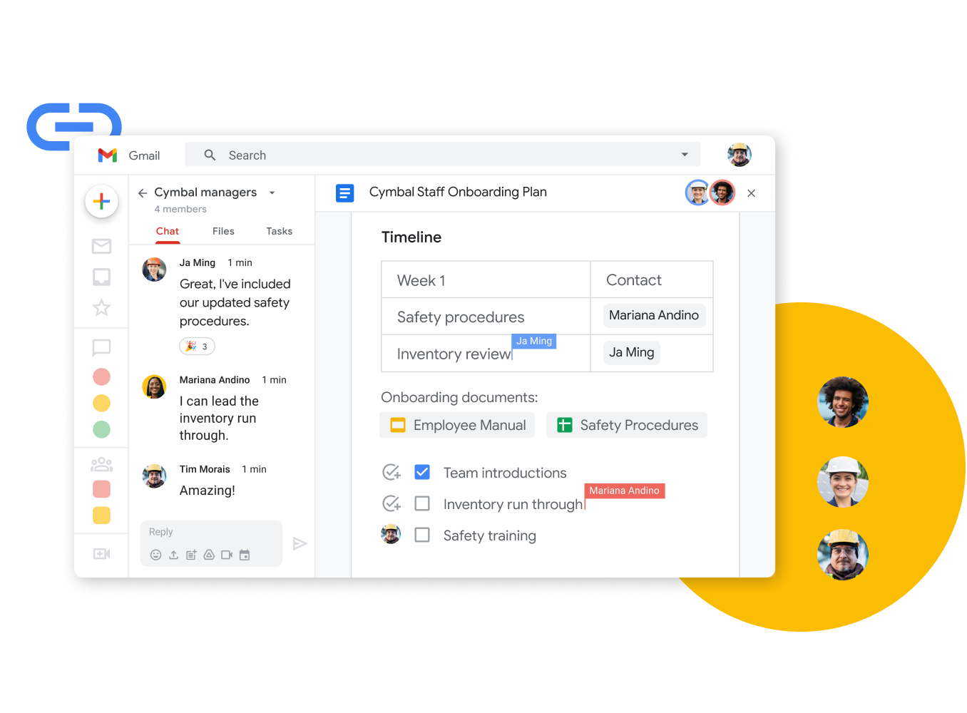 Immagine dell'interfaccia di Google Workspace: i membri di un team modificano insieme un documento chattando in diretta