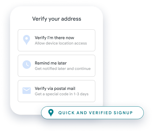 Man typing on his phone, with three options to verify his address: "Verify I'm there now", "remind me later", or "verify via postal mail"