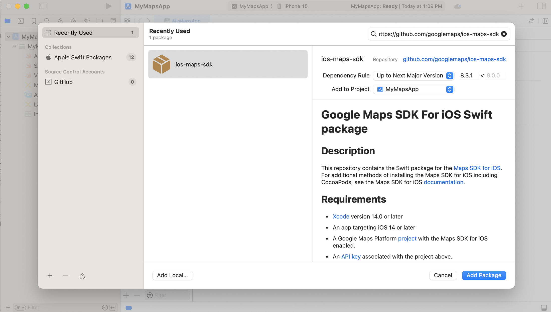 Xcode's Add Package Dependencies screen showing the addition of GoogleMaps package