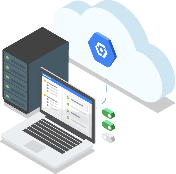 Ilustrasi laptop terbuka dan stack server yang terhubung ke cloud