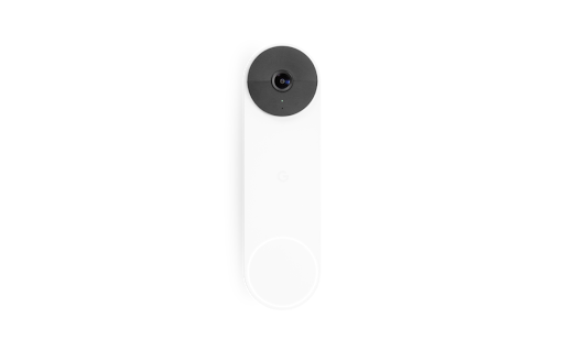 カメラレンズが付いた白い長楕円形の Google Nest Doorbell。
