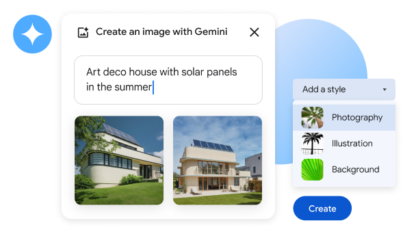 Función Ayúdame a Visualizar de Gemini mostrando cuatro imágenes de casas art déco con paneles solares en el tejado. 