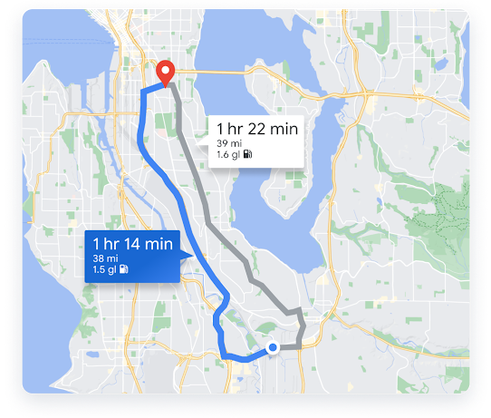 A map with two routes highlighted and the more efficient route selected.