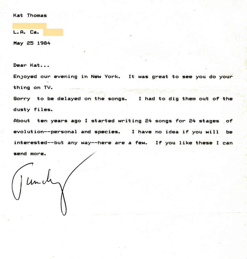 Letter from TIMOTHY LEARY to KAT THOMAS (The Great Kat) about collaborating on music, which produced the unreleased song "RIGHT BRAIN LOVER"! 