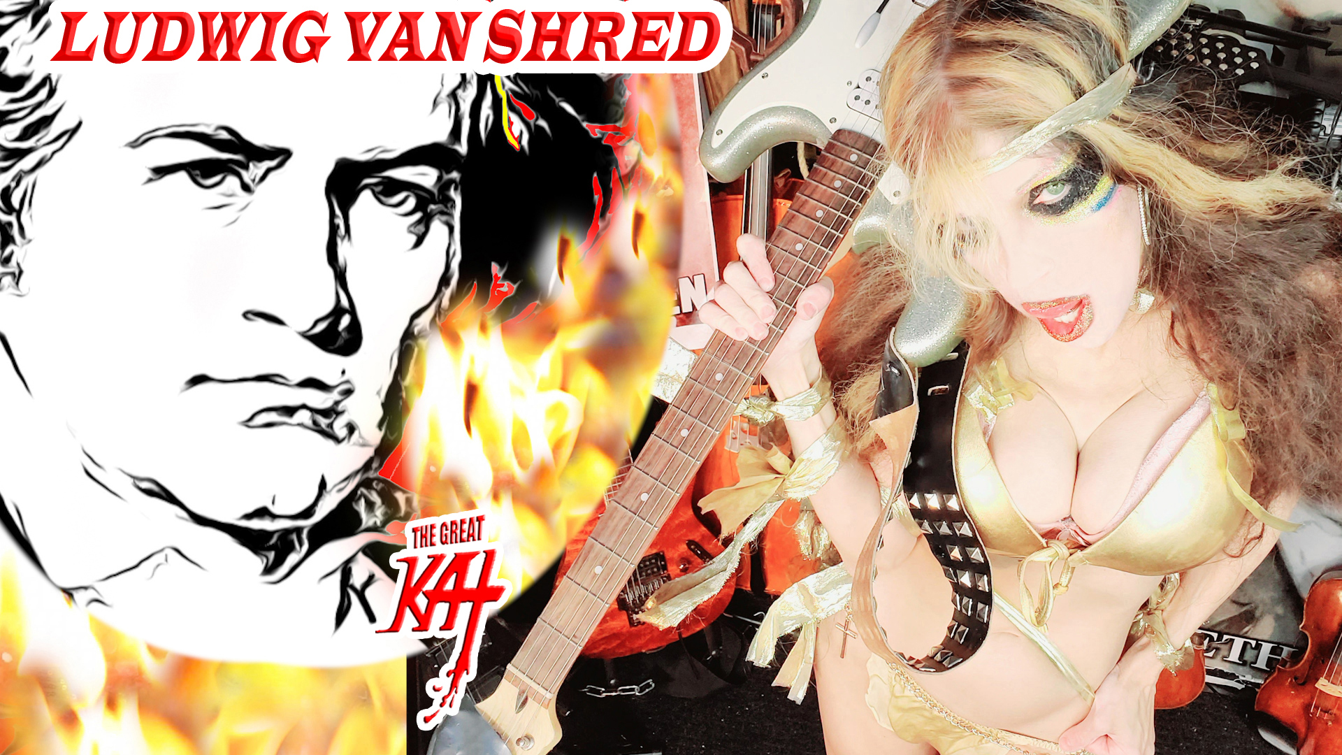 “LUDWIG VAN SHRED” New 6-Music Video DVD (7 Min.) by THE GREAT KAT is Out Now! Watch Ludwig van Shreds’ (Beethoven) Ice Cream Truck & Futuristic Sex & Violins, 22nd Century Robots, Vivaldi’s Thunderstorms, Fire, Lightning, Blizzards, Insane Guitars, Paganini’s Circus Clowns, Rossini’s Archery, Barbershop Insanity and more 