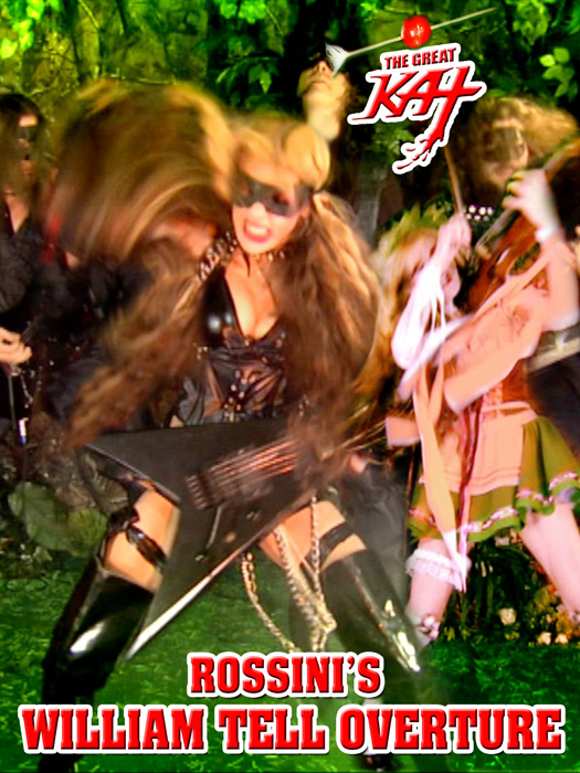 AMAZON PREMIERES ROSSINI'S "WILLIAM TELL OVERTURE" MUSIC VIDEO: The Great Kat shreds the famous TV show Lone Ranger theme song on guitar & violin!  WATCH at https://www.amazon.com/dp/B079JRY3CD  The Great Kat shreds the famous TV show "Lone Ranger" theme song on virtuoso guitar & violin and conducts her all-male rhythm guitar symphony, bringing the legend of the famous archer William Tell to life. Rossini's "William Tell Overture" is one of Classical music's most recognizable masterpieces. Starring Great Kat ("Top 10 Fastest Shredders Of All Time") Juilliard virtuoso violin/guitar legend. 