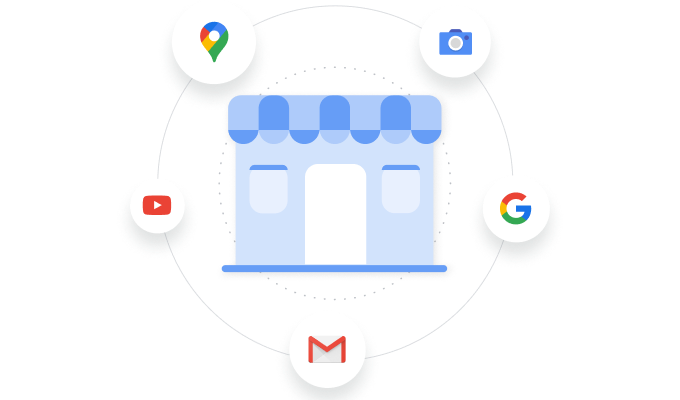 Google マップ、Google 画像検索、Google 検索、YouTube、Gmail のブランド アイコンに囲まれた実店舗のアイコン。