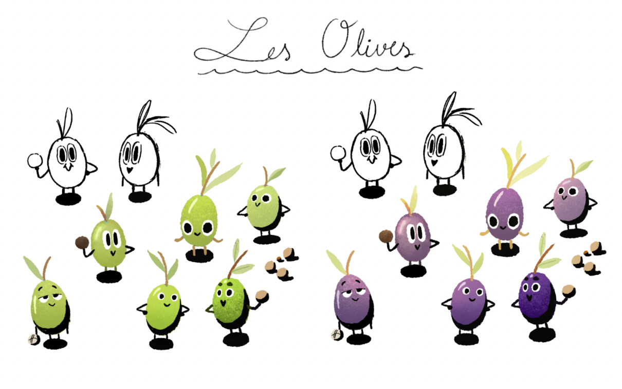 16 illustrations of individual personified black and white, purple and green olives. Each olive wears a different expression and some hold Pétanque boules. The words “Les Olives” caption the drawings.