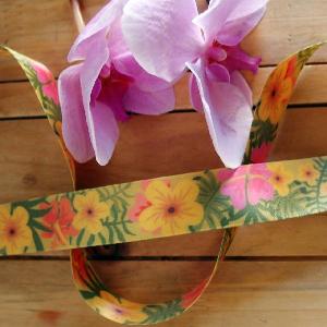 1  Hawaiian Flowers Yellow Satin Ribbon - 1" x 10 meters