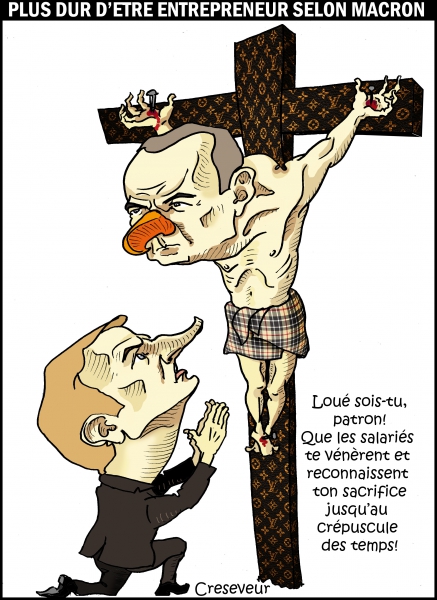 crucifixion,macron,gattaz,plus dur d'être un patron qu'un salarié,jésus,dessin de presse,caricature