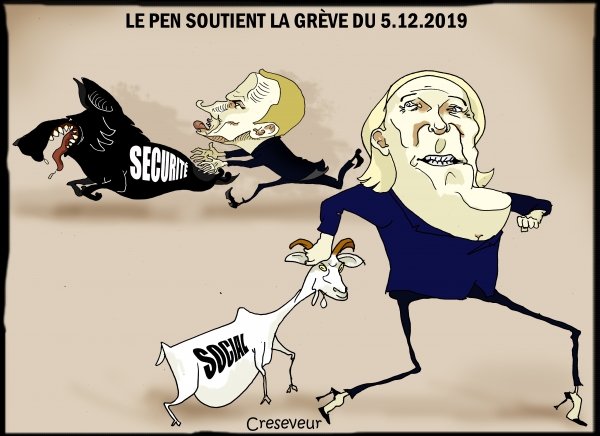 grève du 5 mars pour les retraites,femmes célibataires,marine le pen,macron,sécurité,virage sécuritaire,social,nationalisme,dessin de presse,caricature