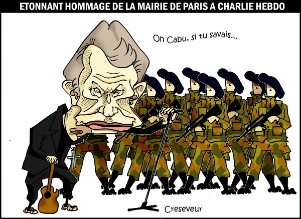 johnny halliday,choeurs de l'armée,hommage à charlie hebdo,mairie de paris,cabu,dessin de presse,caricature