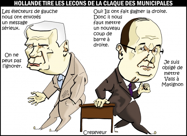 françois hollande,jean-marc ayrault,remaniement,matignon,premier ministre,françois hollande,municipales 2014,défaite,vague bleu,dessin de presse,caricature